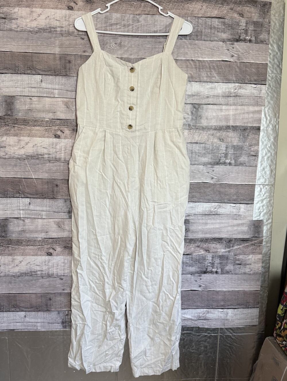 Old Navy Jumpsuit M Tan White Striped Linen Blend Beach Coastal Grandmacore